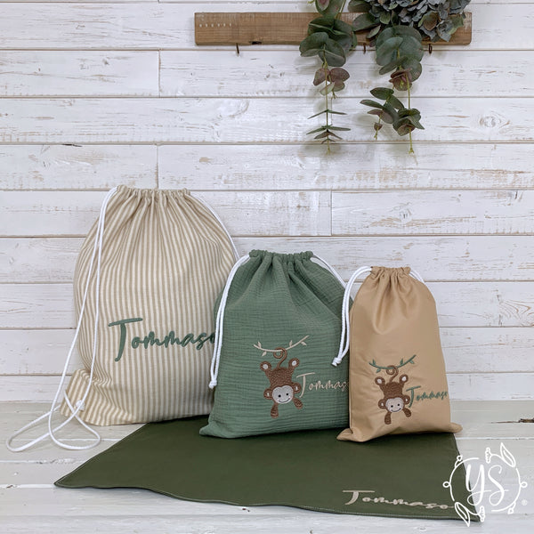 Zaino Asilo Personalizzato Con Nome Ricamato - Velluto A Coste, Orso Sorridente, 30x24 Cm Per Bambini