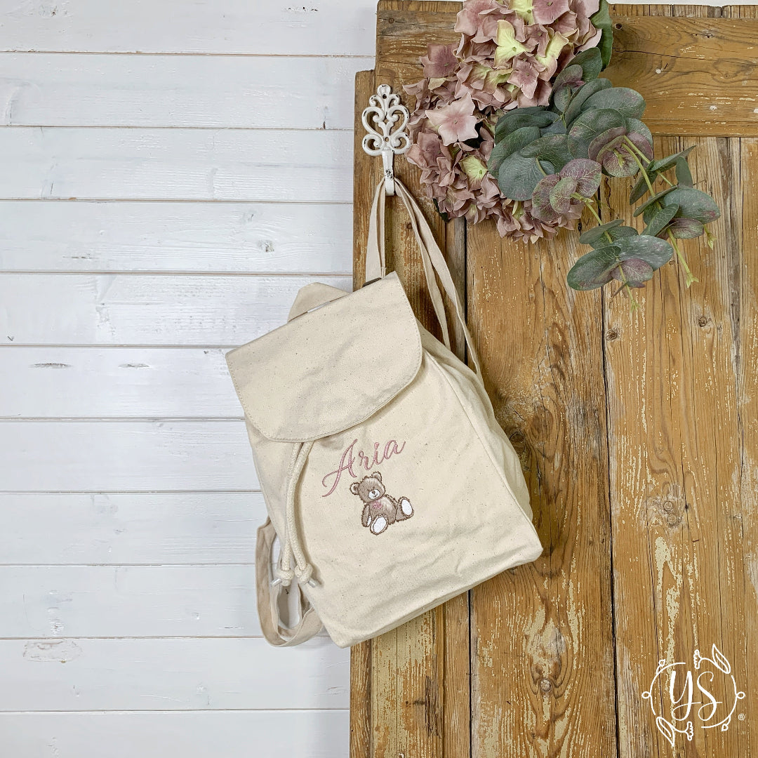 Zaino in cotone piccolo panna - Orsetto e nome