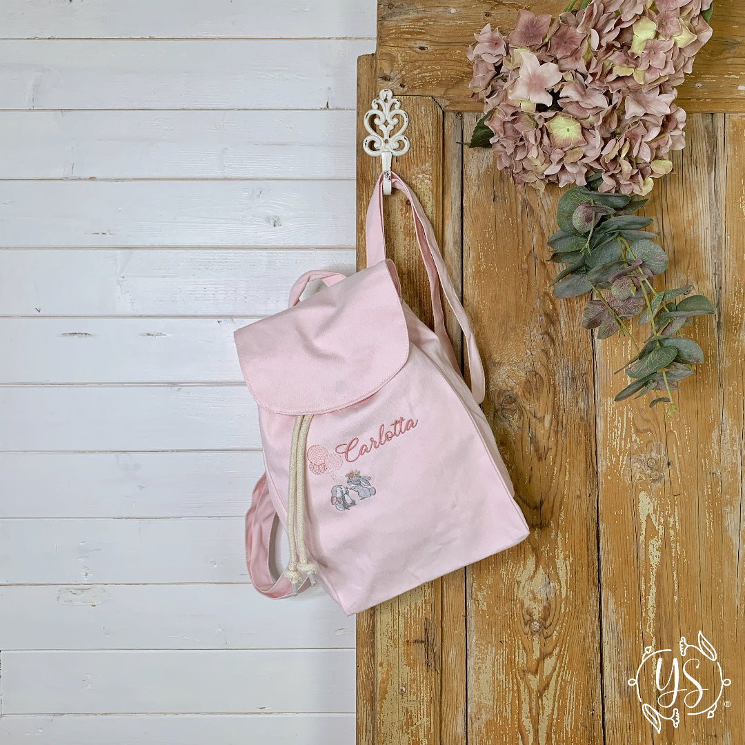Zaino in cotone rosa - Conigli con palloncini e nome