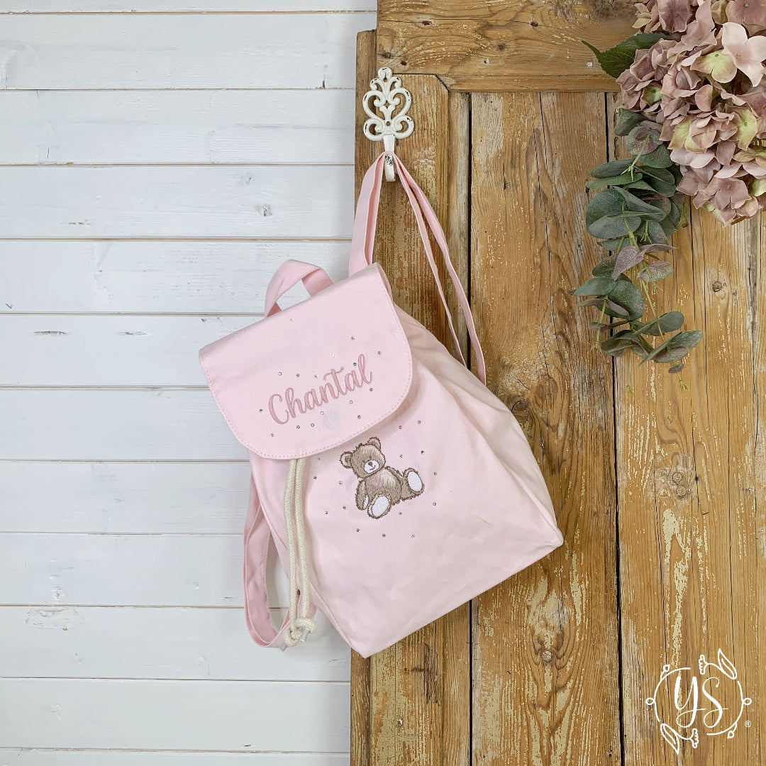Zaino in cotone rosa - Orsetto e nome con strass