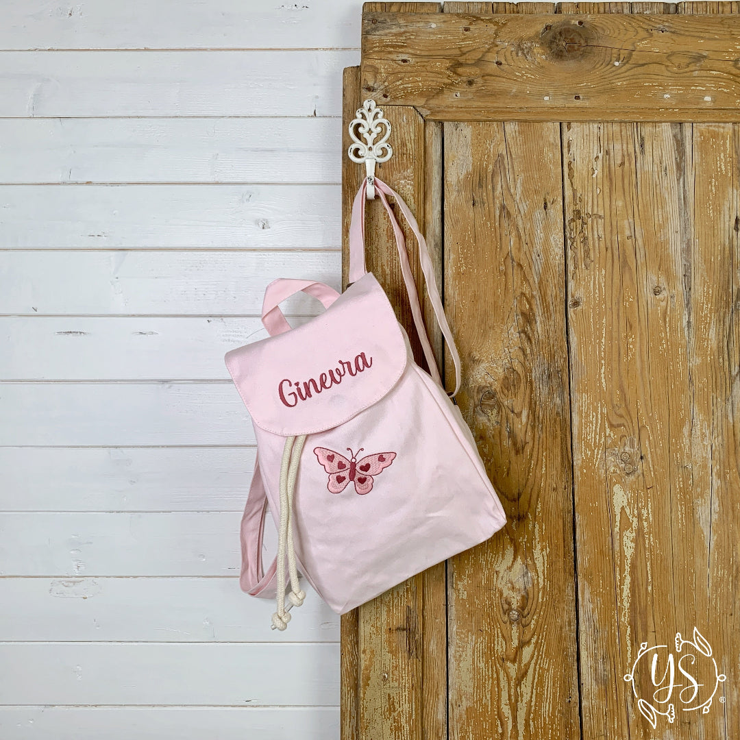 Zaino in cotone rosa - Doppio ricamo farfalla e nome