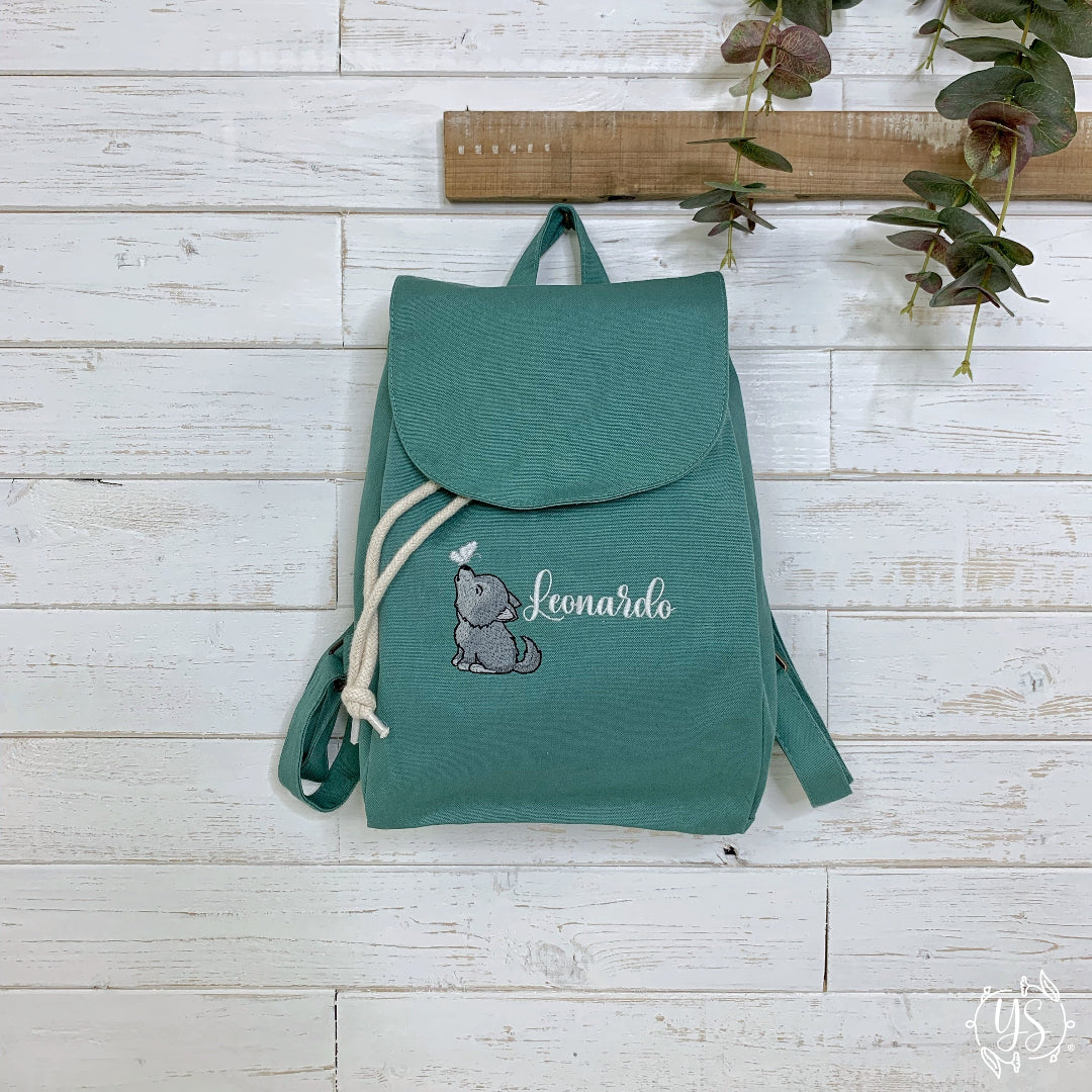 Zaino in cotone verde - Lupetto con farfalla e nome