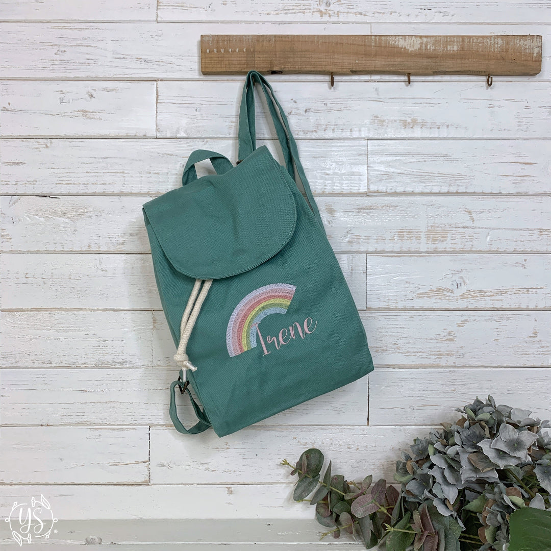 Zaino in cotone verde - Arcobaleno pastello e nome