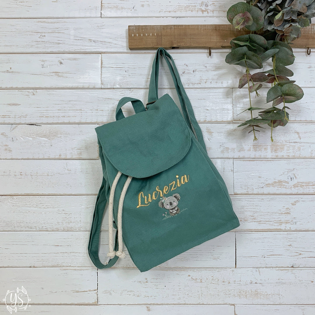 Zaino in cotone verde - Koala con fiorellini e nome in oro