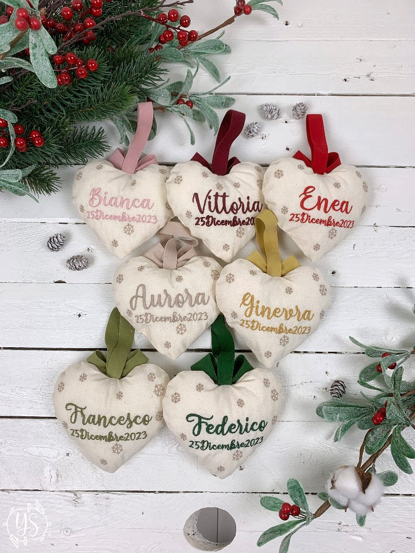 Cuore &quot;Il mio primo Natale&quot; in cotone panna e nastro in velluto