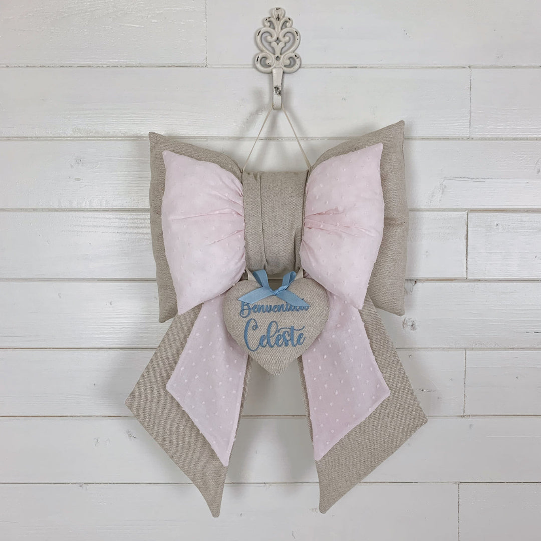 Fiocco Nascita Azzurro Artigianale Con Ricamo Cuore E Ciuccio - Tulle E Nastri A Pois, 45x25cm - Foto 4