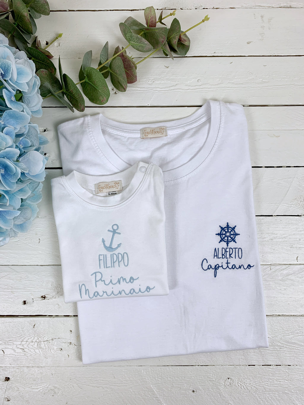 Set papà e figlio coordinato t-shirt ricamate tema marinaro personalizzabile
