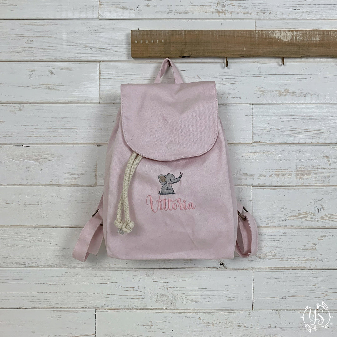 Zaino in cotone rosa - Elefantino con farfalla e nome