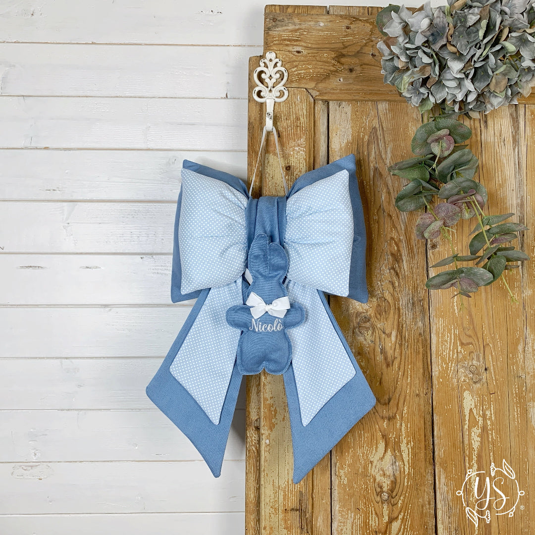 Fiocco Nascita - Cotone purgato azzurro e piquet azzurro a pois bianchi con coniglio imbottito